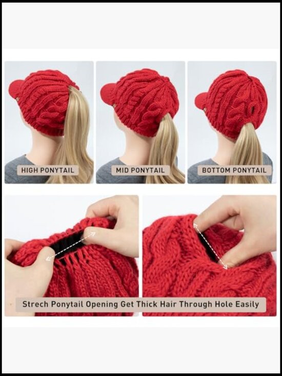 Merino Wool Visor Ponytail Beanie with Brim Fleece Lined 3 Bun Openings Warm main image 6